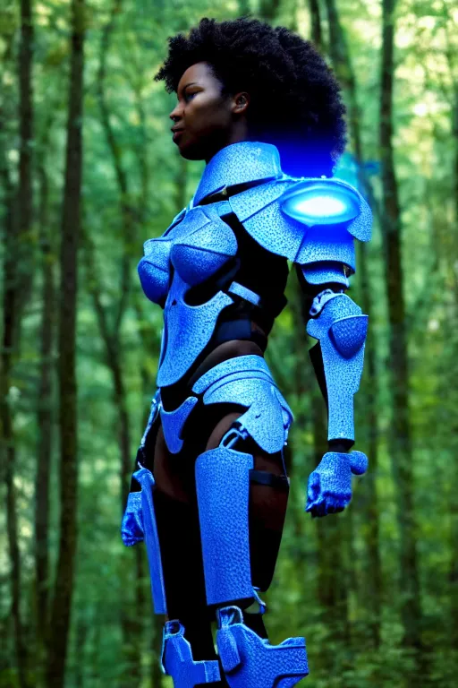 Image similar to hyperrealistic mithra goregous black woman exoskeleton bone armor in a forest sun behind her concept art eric zener elson peter cinematic blue light low angle hd 8k sharp shallow depth of field