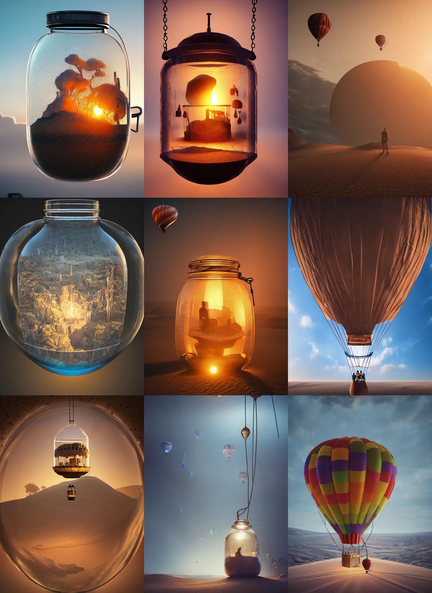 Prompt: hot air balloon inside a glass jar buried in sand, intricate detail, volumetric lighting, epic composition, hyper detailed, ultra realistic, sharp focus, octane render, ray tracing, sense of awe, swirling mist, 4 k, mechanical