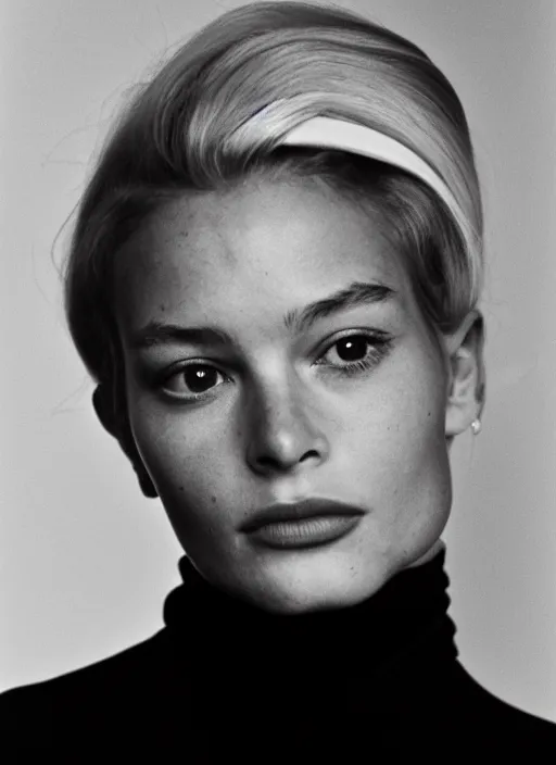 Prompt: analog photojournalism photography by eve arnold. filmic. a vintage head and shoulder three - fourth side profile of a beautiful hollywood actress 1 9 6 0 s. black turtle neck. natural light. taken with a pentax on color slide film. symmetrical balance. in - frame