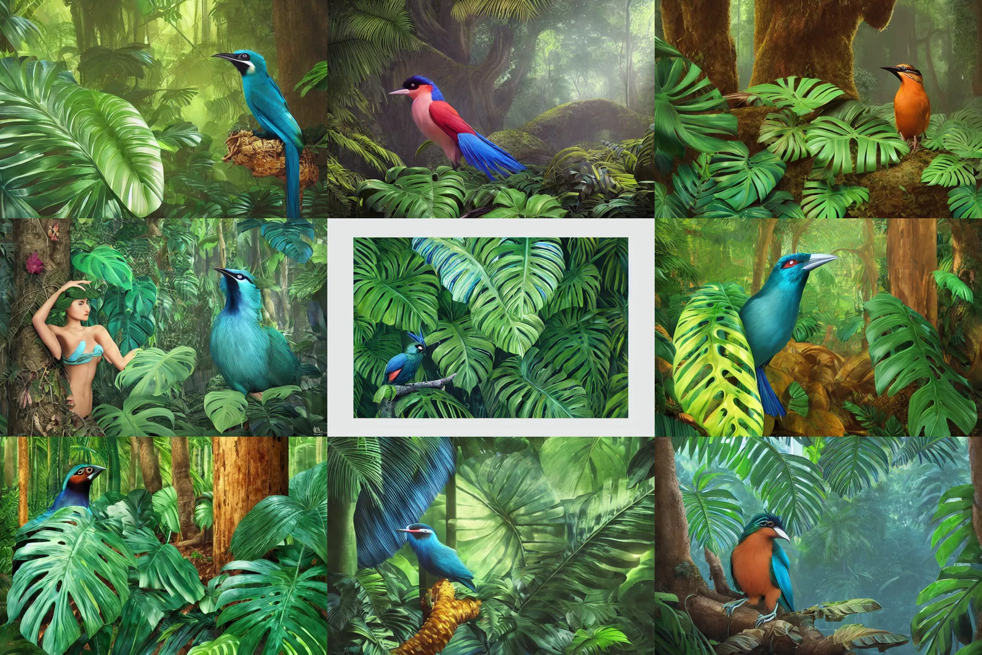 Prompt: motmot bird in a forest with monstera leaves, hyper realistic, hyper detailed, digital art, trending in artstation, cinematic lighting, studio quality, smooth render, unreal engine 5 rendered, octane rendered, art style by klimt and nixeu and ian sprigger and wlop and krenz cushart