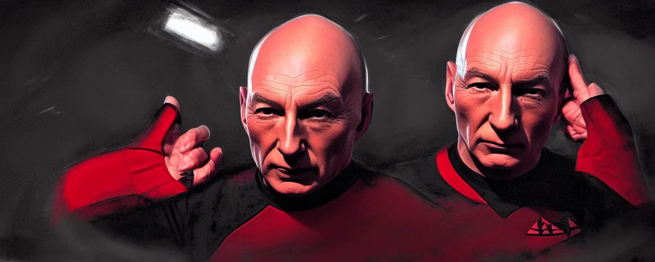 Image similar to duotone black and red concept 3 / 4 portrait of ( ( ( picard facepalm meme ) ) ) captain jean - luc picard doing facepalm inside uss enterprise. accidental renaissance. concept by stanley kubrick. sergey kolesov and ruan jia and heng z. graffiti art, scifi, fantasy, hyper detailed. octane render. trending on artstation