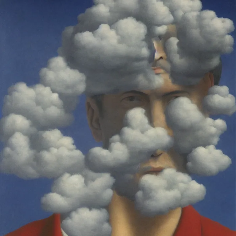 Prompt: portrait of a man whos head is made of clouds, by rene magritte, centered, detailed painting, hd, hq, high resolution, high detail, 4 k, 8 k