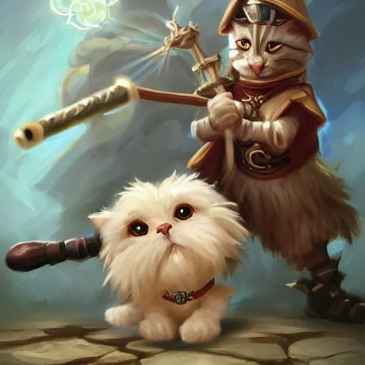 Prompt: cute little anthropomorphic Maltese Terrier and tabby cat, wielding a magic staff, tiny, small, short, Wizard robe, cute and adorable, pretty, beautiful, DnD character art portrait, matte fantasy painting, DeviantArt Artstation, by Jason Felix by Steve Argyle by Tyler Jacobson by Peter Mohrbacher, cinema