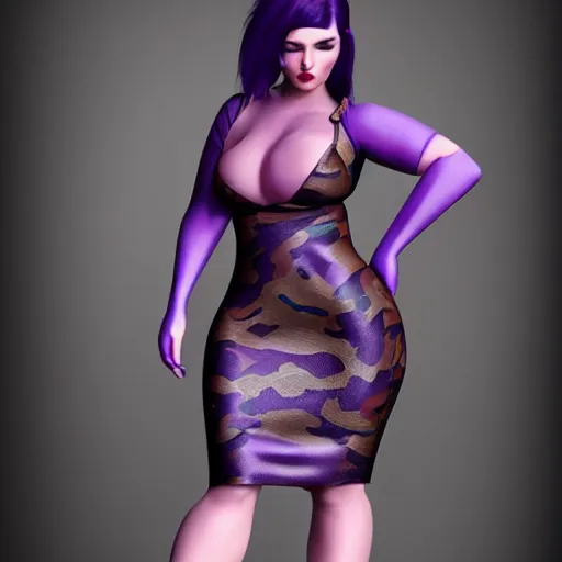 Image similar to curvy feminine hot goth woman with elegant purple snakeskin leather dress, camo pattern, cgsociety, photorealistic, sublime ambience, idealistic, 16k, smooth, sharp focus, trending on ArtStation, volumetric lighting, fully clothed, worksafe