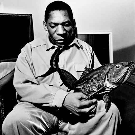 Prompt: john coltrane snuggling an angler fish