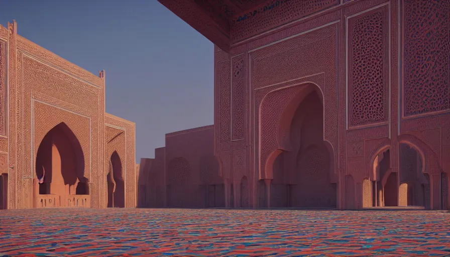 Image similar to monuments with moroccan motifs, by tim blandin and arthur haas and bruce pennington and john schoenherr, big windows architecture by zaha hadid, octane render, cinematic, scenery, cgsociety, modernism, futuristic, trending on artstation, sci - fi, high detail, high quality, close up angle