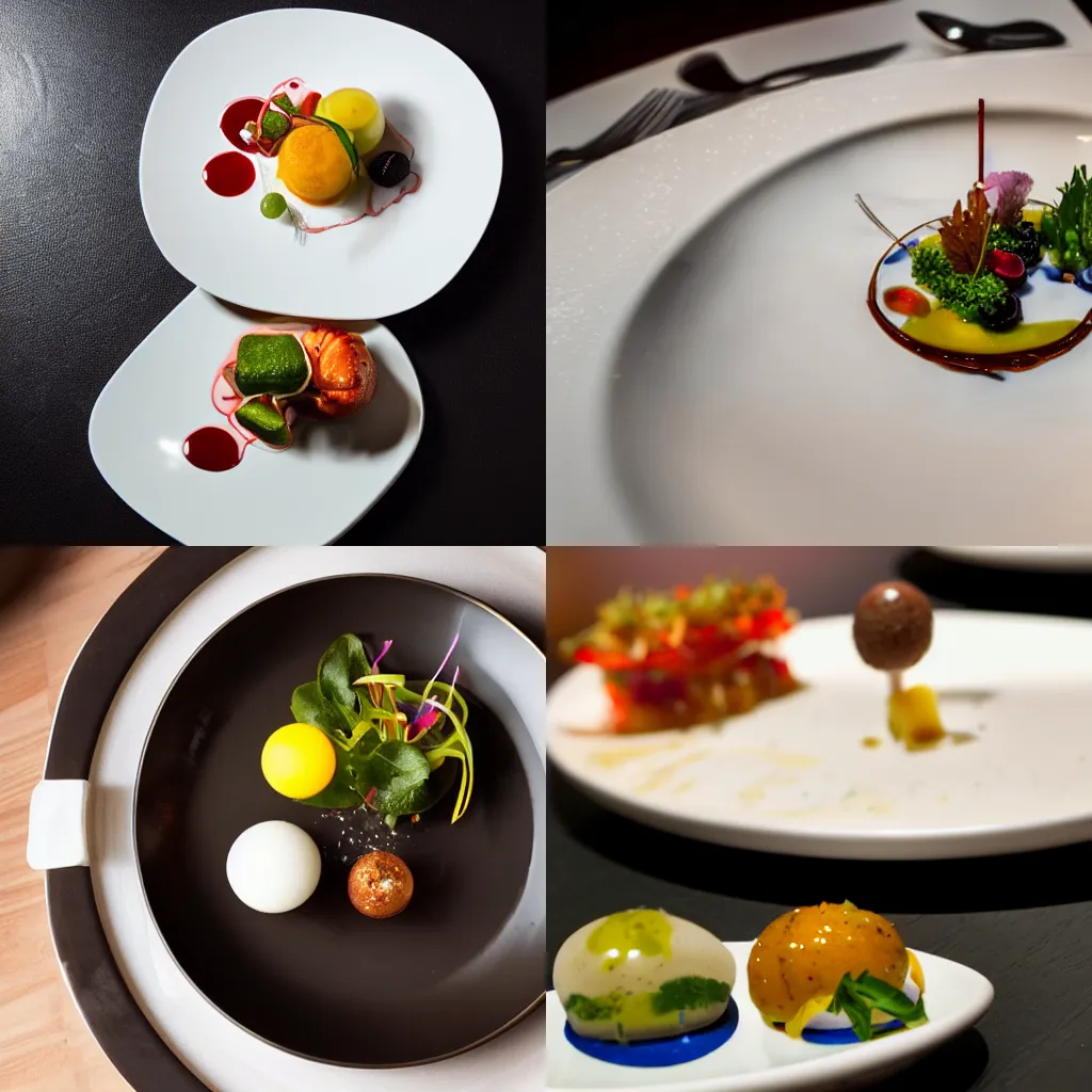 Prompt: An Artfully Plated Serving of Molecular Gastronomy Cuisine in an Upscale Urban Restaurant