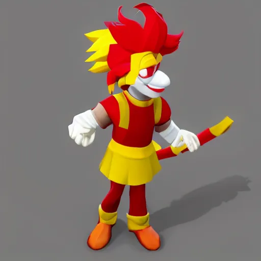 Image similar to image of ronald mcdonald, white face, red afro, red nose and yellow outfit as an enemy in spyro the dragon video game, with low poly playstation 1 graphics, upscaled to high resolution