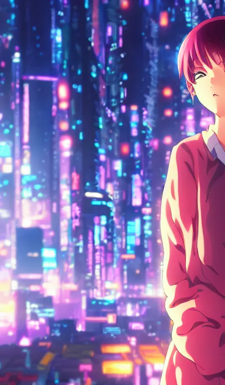 Image similar to anime fine details portrait of Marin in front of cyberpunk moder city landscape on the background deep bokeh, close-up view, anime masterpiece by Studio Ghibli. 8k, sharp high quality anime, artstation