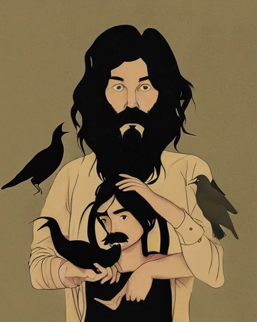 Image similar to portrait of an unkle moon with long black hair and beard and his imaginary bird friend, fine portrait, beautiful, realistic, magical, by tomer hanuka