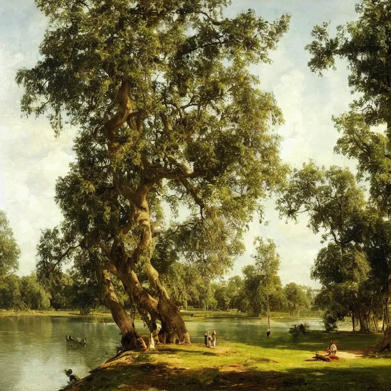 Prompt: banyan trees by the pond, a swing hangs from the tree, boys and girls, oil on the canvas, summer day, by ivan ivanovich shishkin, 4 k