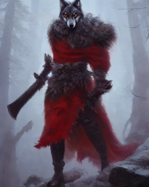 Image similar to oil painting of Anthropomorphized Wolf Berserker, wearing red fur cloak, sharp focus, holding big Axe, heroic pose, fantasy style, octane render, volumetric lighting, 8k high definition, by greg rutkowski, highly detailed, trending on art Station, magic the gathering artwork, burning Battlefield backround, centered