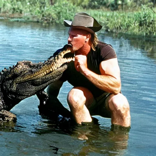 Prompt: steve austin wrangles a crocodile