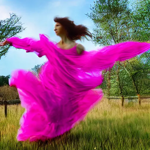 Image similar to a woman in pink frills running around in a field, photograph, photorealistic, award winning photo