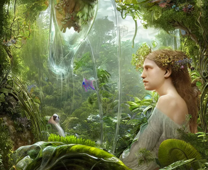 Image similar to transparent clear see - through portrait of mollusks, lush botany, orchids, ferns, garden environment, ultra realistic, concept art, art nouveau, photorealistic, octane render, 8 k, unreal engine. art by gustave dore and nori inoguchi and sam kaplan and zachary goulko and christopher marley and artgerm and alphonse mucha