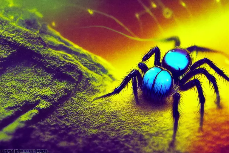 Image similar to jumping spider flurry, in the style of vernon grant and yoshitaka amano and bruce pennington, trending on artstation, bioluminescence low angle view sharpness applied, anaglyph effect, traditional art, photorealism, watercolor