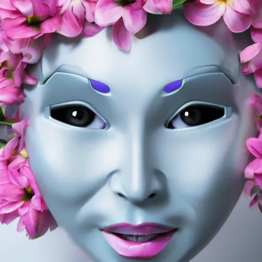 Image similar to female robot face with flowers instead of antennas