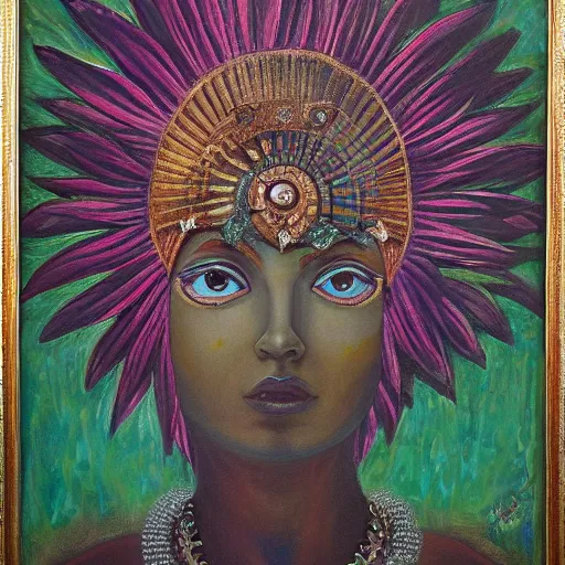 Image similar to pharatema, the goddess of spring, oil on canvas, symmetrical features, ominous, magical realism, texture, intricate