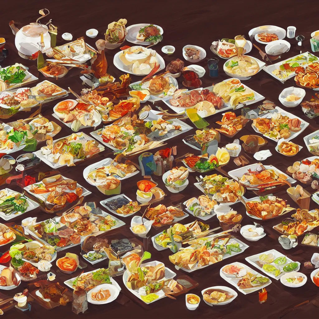 Image similar to a painting of a table full of japanese foods, concept art by taro yamamoto, pixiv contest winner, auto - destructive art, official art, concept art, pixiv