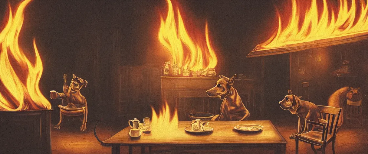 Image similar to a photograph (flash on) of a huge fire on a dining room in the background, in the foreground a relaxed anthropomorphic dog surrounded by flames, sitting on a wooden chair at a table (no fire at all there), there is a cup of coffee on the table, a lot of flames behind the dog, black smoke instead of the ceiling, no watermark