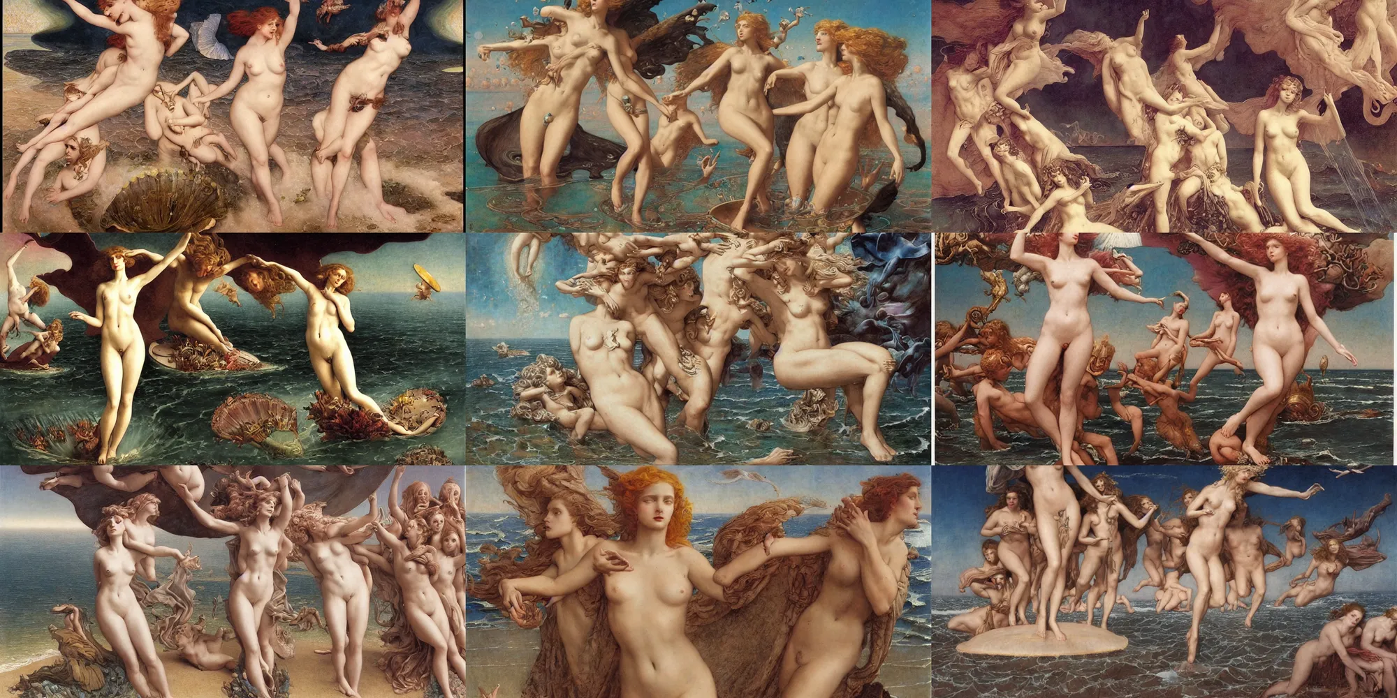 Prompt: the birth of venus by wayne barlowe, by gustav moreau, by goward, by gaston bussiere, by roberto ferri, by santiago caruso, by luis ricardo falero, by austin osman spare, by saturno butto