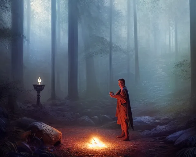 Image similar to liam neeson as a genie in a lamp, in a forest. magical atmosphere. art by greg rutkowski. highly detailed 8 k. intricate. lifelike. soft light. nikon d 8 5 0.