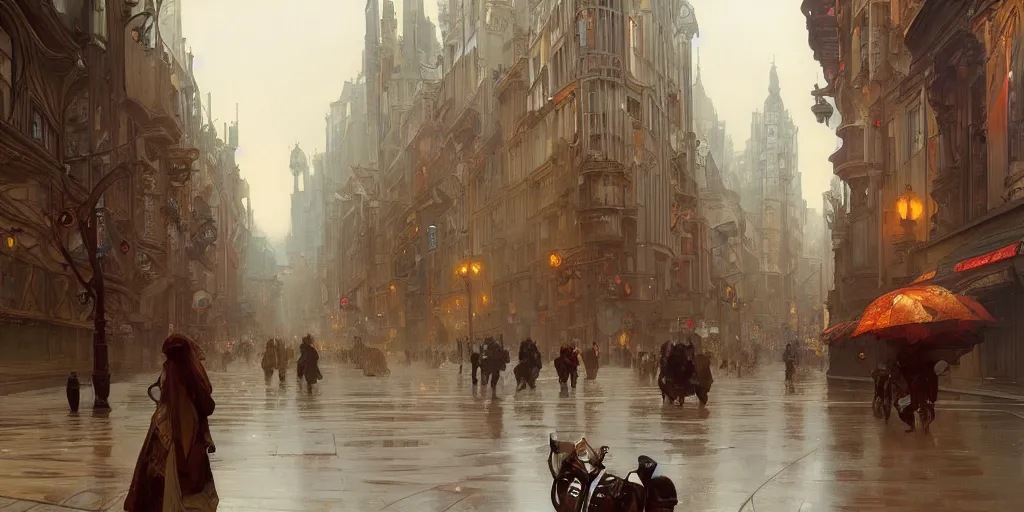 Image similar to city street, beautiful, alphonse mucha, greg rutkowski, trending on artstation, artgerm, breathtaking, sharp focus, smooth, mark arian, award winning, highly detailed 4 k art