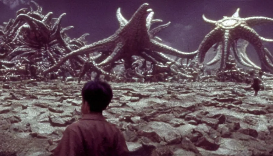 Image similar to a filmstill of the movie Pulgasari by Shin Sang-ok and Kim Jong-il, a giant kaiju starfish destroying a korean palace, cinematography by Akira Kurosawa