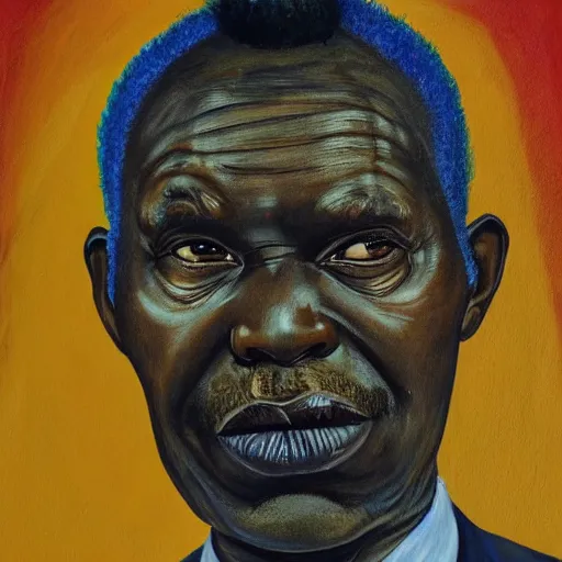 Image similar to a painting of a fatherly wide forehead, round face, XXL , loving, caring, generous, ever-present, humble, wise elder from Kenya in a suit by Wangechi Mutu . Fatherly/daddy, focused, loving, leader, relaxed. Blue background, heavenly lights, details, smooth, sharp focus, illustration, realistic, cinematic, artstation, award winning, rgb , unreal engine, octane render, cinematic light, macro, depth of field, blur, red light and clouds from the back, highly detailed epic cinematic concept art CG render made in Maya, Blender and Photoshop, octane render, excellent composition, dynamic dramatic cinematic lighting, aesthetic, very inspirational, arthouse.