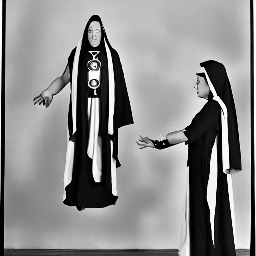 Image similar to black and white, award winning photo, levitating twin nuns each having 6 arms, wearing swimsuit, pentgram necklace, a guillotine is depicted, the nuns have Very long arms, in a sanctuary, eerie, frightening —width 1024 —height 1024