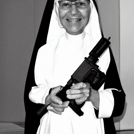 Prompt: a nun in church holding an ak 4 7