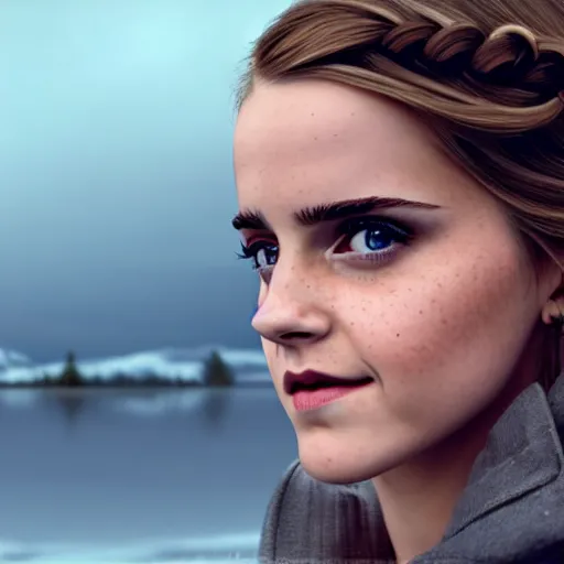 Prompt: a very beautiful emma watson, full body, long braided curly silver hair, sky blue eyes, full round face, short smile, casual clothes, ice snowy lake setting, cinematic lightning, medium shot, mid-shot, highly detailed, trending on Artstation, Unreal Engine 4k, cinematic wallpaper by Stanley Artgerm Lau, WLOP, Rossdraws, James Jean, Andrei Riabovitchev, Marc Simonetti, and Sakimichan