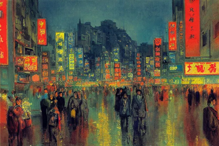 Prompt: dream festival, revelers playing games and shopping at a night market, low angle view from a city street lined with shops and apartments, glowing street signs, city like hong kong, tokyo, barcelona, oil painting by edvard munch, beksinski