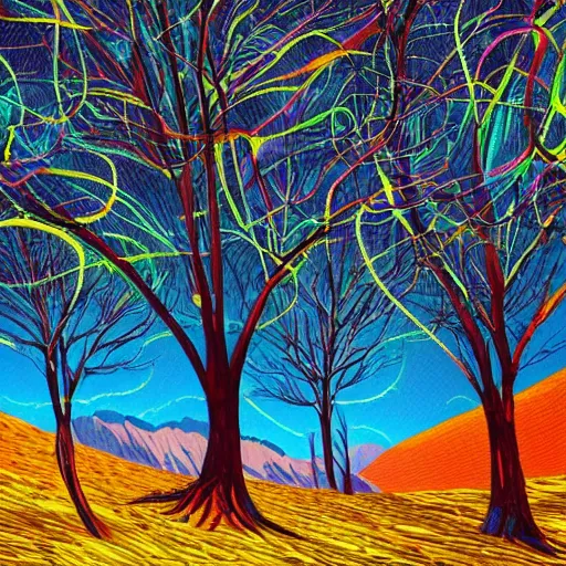 Prompt: mind exploration, vivid abstract landscape, mountains in background, trees that looks like neurons, main path is visible and energetic, large scale dimentional photo