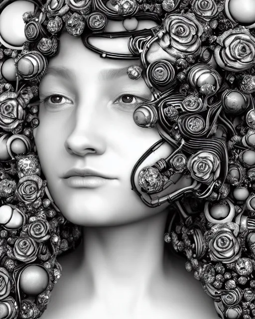 Image similar to mythical dreamy black and white organic bio - mechanical spinal ribbed profile face portrait detail of translucent steampunk beautiful female angelic - human - queen - vegetal - cyborg, highly detailed, intricate crystal ivy jelly ornate, poetic, translucent roses ornate, 3 d render, digital art, octane render, 8 k artistic photography, photo - realistic, by dora maar