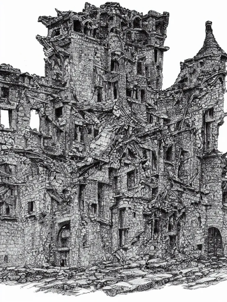 Image similar to A pen drawing of a dilapidated ancient castle building in the wood, by Ler Huang, high detailed