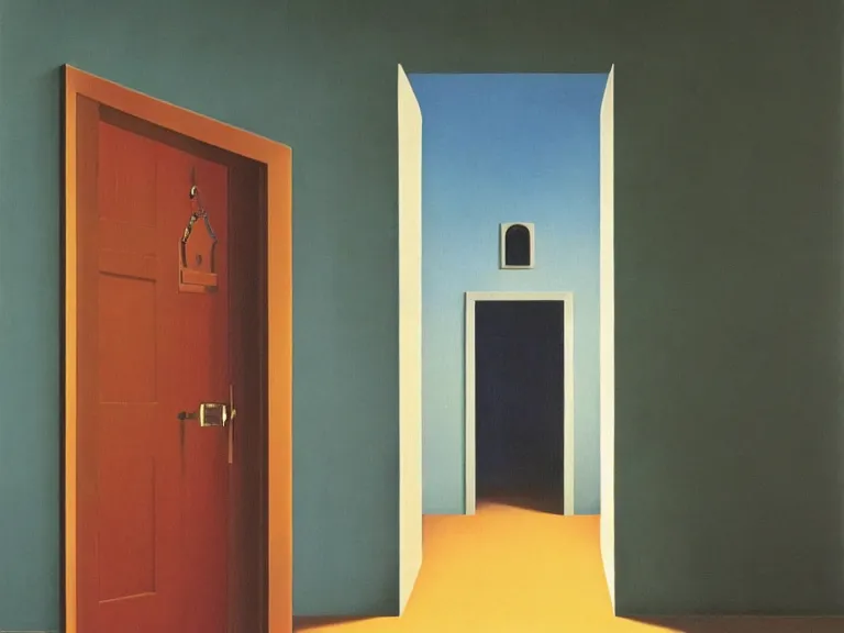 Prompt: an open door to infinity in brick wall with endless hallway inside the door, painting by rene magritte, centered, high detail!!!, high resolution!!!