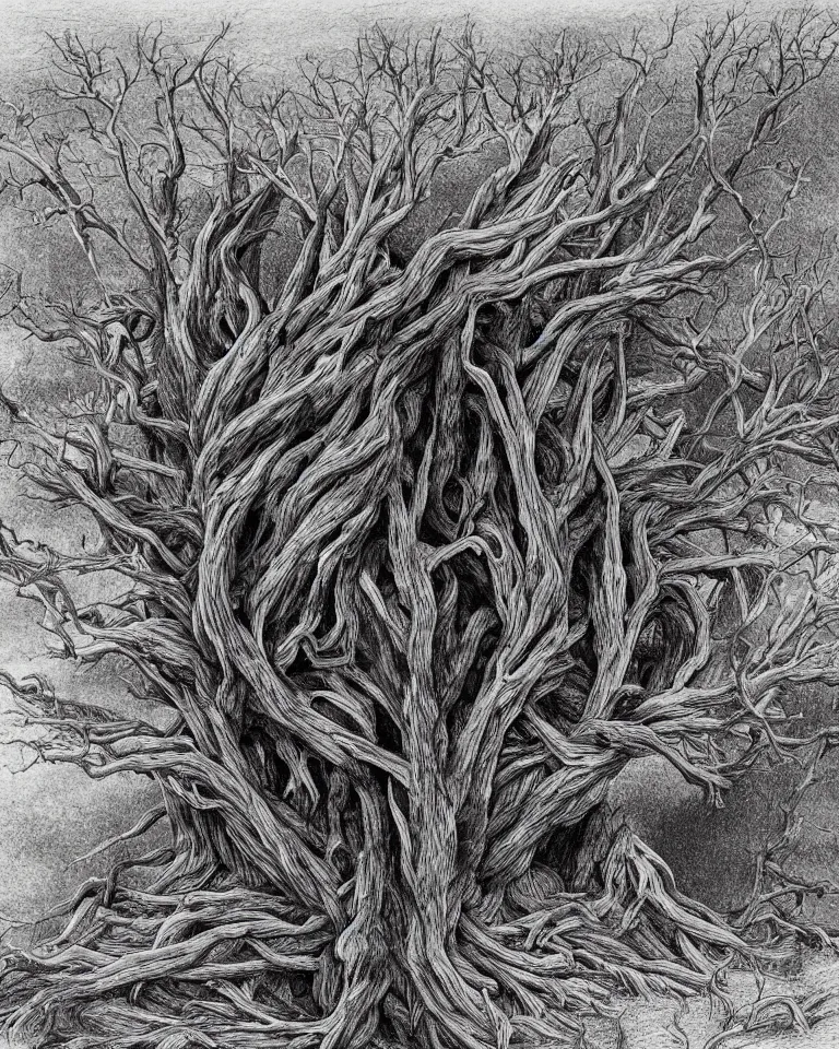 Image similar to A giant mythical wretched tree made of human flesh, limbs and bones growing on corpses in the middle of a desert canyon. Bird view. Inspired by Gustave Doré.