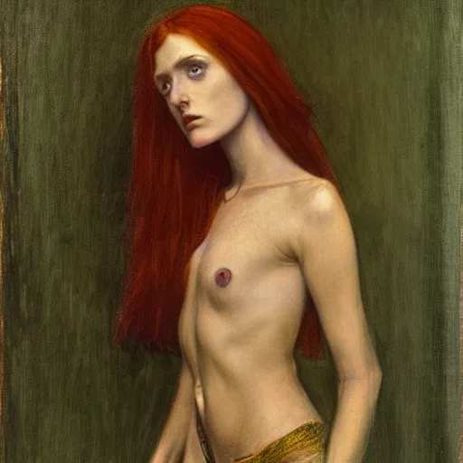 Prompt: a Pre-Raphaelite John Collier painting of a striking witch with intense eyes and ginger hair