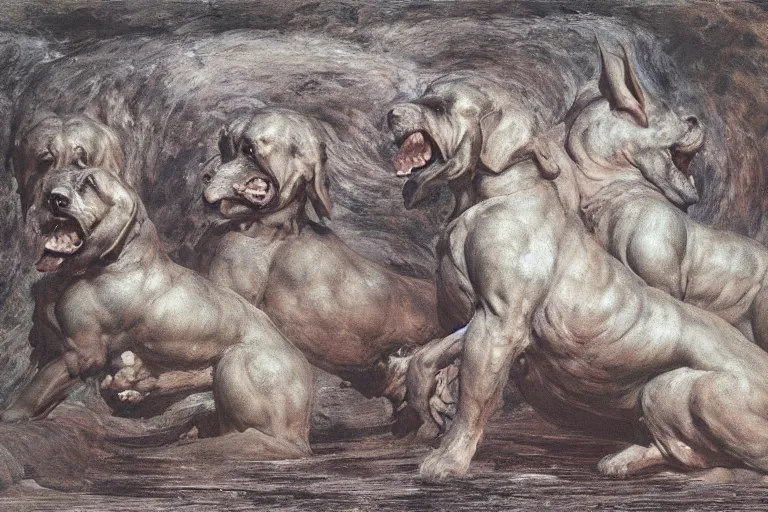 Image similar to hyperdetailed matte art of a three headed dog cerberus by william blake, ilya repin, amano, rene magritte, craig mullins, three headed dog cerberus, details