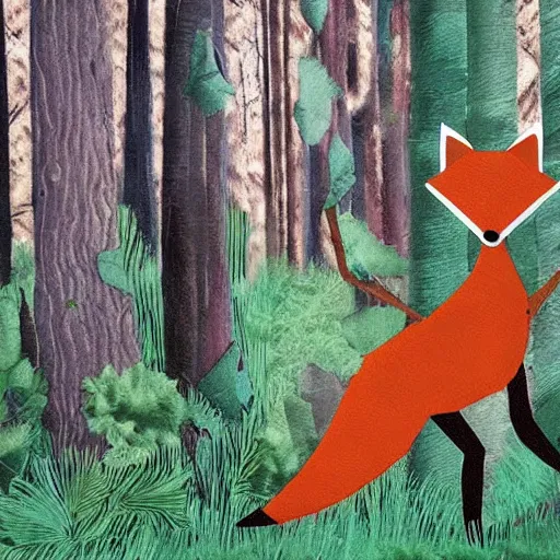 Image similar to woodland fox, resistance, antropomorphic, guerilla soldier, green flag, art station, set in evergreen woods, camp fire in center