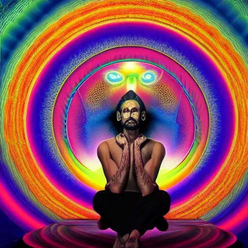 Prompt: psychedelic portrait of ram dass sitting crisscross, background by Alex Grey and Tokio Aoyama and Pablo Amaringo , cinematic lighting, 4k, hyperrealistic, unreal engine extreme detail