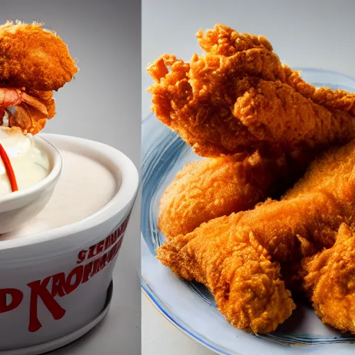 Prompt: a fried chicken milkshake with the kfc logo, next to a shrimp wearing a little red dress on a plate, food photography, studio lighting, hyper realistic, sharp focus, hyper - realistic, 8 k resolution