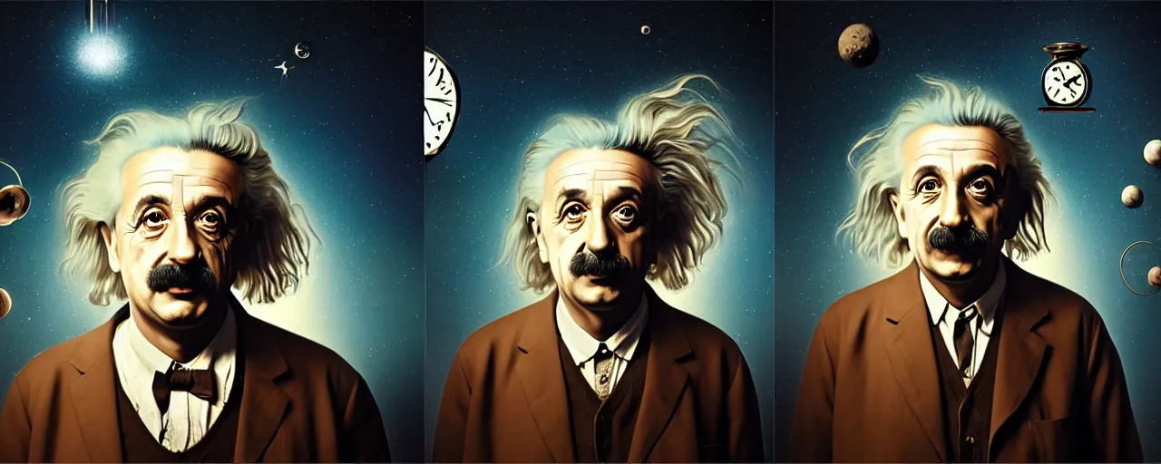 Image similar to duotone surreal illustration 3 / 4 portrait of albert einstein measuring time on salvadore dali clock in outer space dark starry background. golden ratio accidental renaissance. by sachin teng and sergey kolesov and ruan jia and heng z. graffiti art, scifi, fantasy, hyper detailed. octane render. concept art. trending on artstation