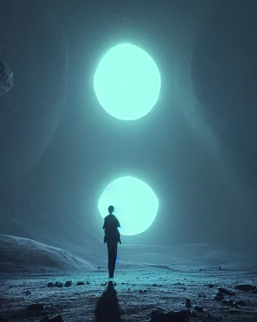 Image similar to a person standing in front of a glowy open door that's on a barren moon, poster art by mike winkelmann, trending on cg society, space art, sci - fi, ue 5, futuristic, volumetric lighting