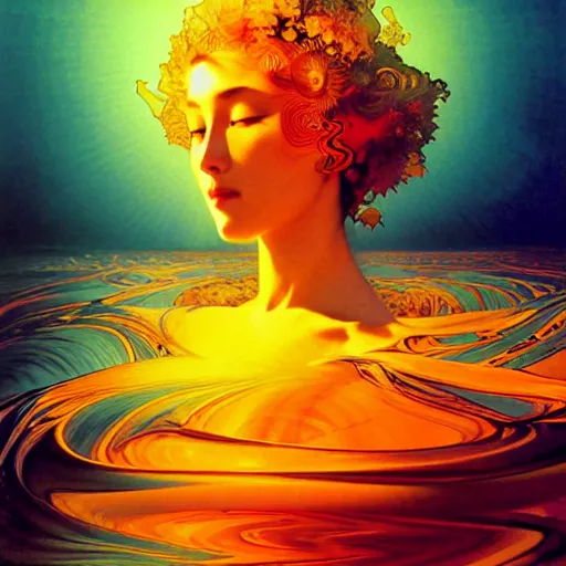 Prompt: transcendent bodhisattva mind bending indigo waves of glossy psychedelic liquid honey flowing like kaleidoscopic translucent amber, lsd waves, honey ripples, enlightenment, dramatic professional lighting, refracted sunset lighting, highly detailed, concept art, art by collier, albert aublet, krenz cushart, artem demura, alphonse mucha