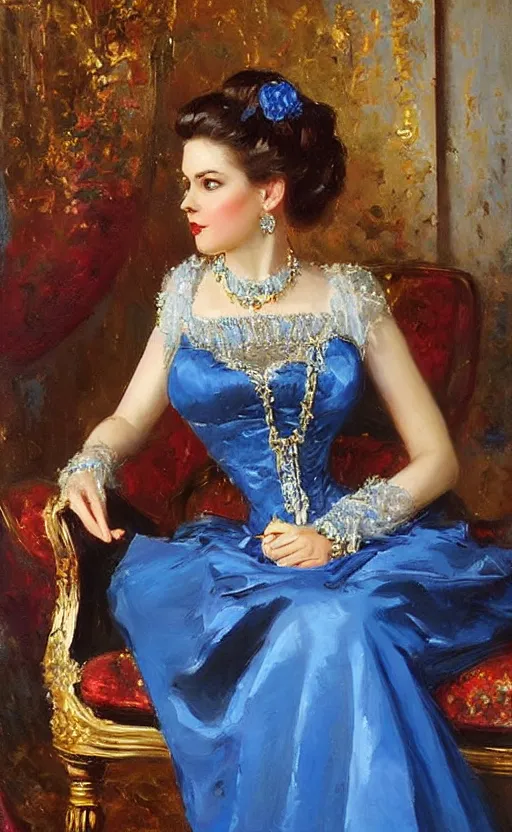 Prompt: Elegant laydy in blue victorian dress with gold ornaments. By Konstantin Razumov, highly detailded