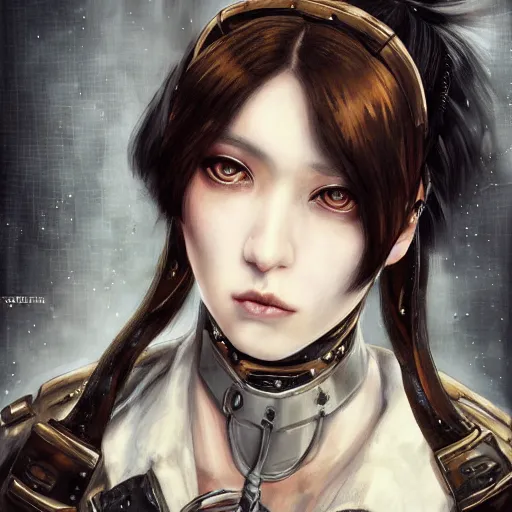 Image similar to portrait of a girl by ayami kojima, mixture between russian and japanese, she is about 2 0 years old, black bob hair, very tall and slender, she is wearing a steampunk tactical gear, highly detailed portrait, digital painting, artstation, concept art, smooth, sharp foccus ilustration, artstation hq
