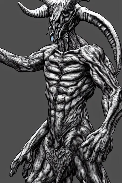 Image similar to humanoid figure monster with goat horns, highly detailed, digital art, sharp focus, trending on art station, kentaro miura manga art style