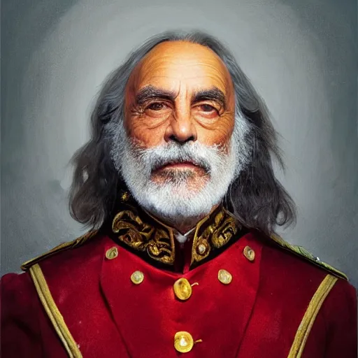 Prompt: realism portrait King Tommy Chong wears an officer uniform whilst wearing a red velvet cape and golden crown anna podedworna arkhip kuindzhi raphael lacoste guillem h. pongiluppi grisaille